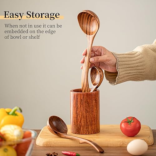 Miniatura 6 de Gudamaye Juego de cucharones de sopa de madera de 3 tamaños, 3 ganchos para tazón, olla. Cucharón de madera de teca natural, cucharón grande de sopa