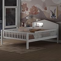Vista 40 de Modern Full Size Platform Bed Storage Headboard and Safety Guardrail for Kids, Function Wood Platform Bed Frame with Built-in LED Light for Boy
