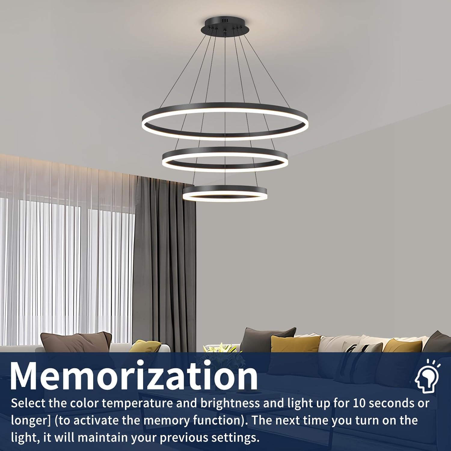 Black LED Modern Chandelier, 3 Ring Circular Dimmable Pendant Light for Kitchen Island, Living Room, Adjustable 3000K-6500K Ceiling Lamp, Above Dining Room Table Hanging Lights for Entryway Foyer