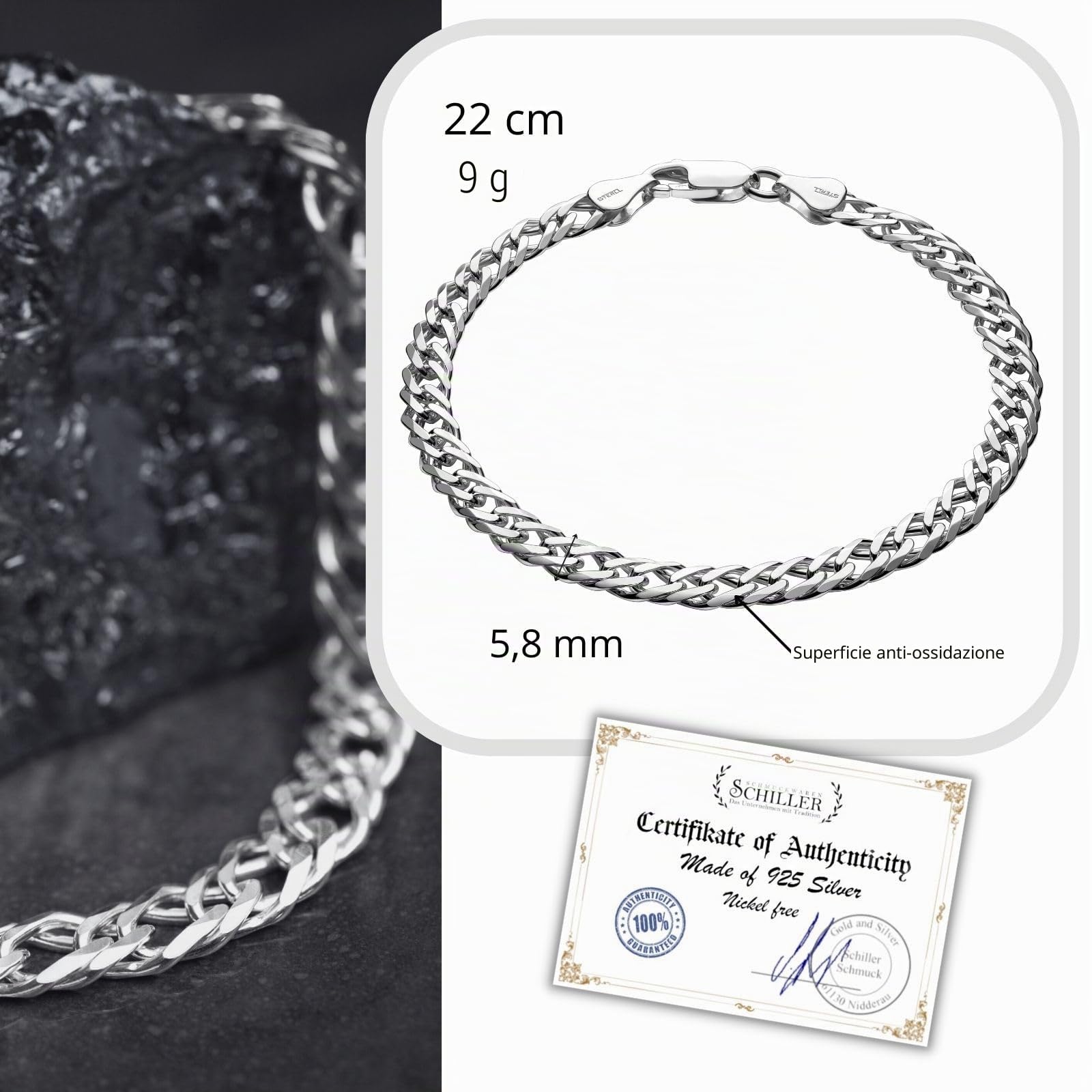 Bracciale Da Uomo In Argento 925 Con Motivo A Catena E Chiusura A Moschettone