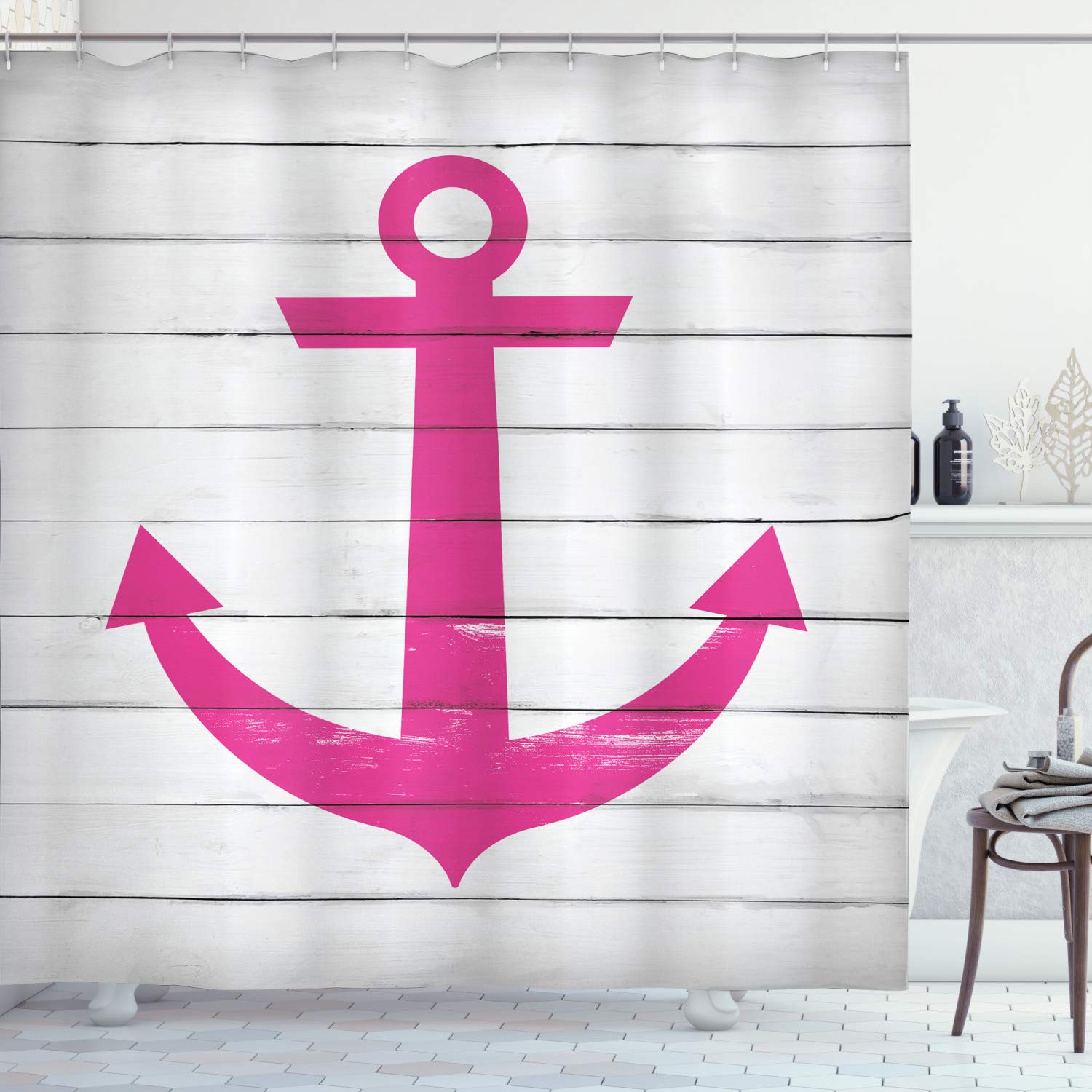 ABAKUHAUS Nautical Shower Curtain, Anchor Motif Antiqued Rustic Striped Wooden Planks Sea Lover Ocean Theme, Cloth Fabric Bathroom Decor Set with Hooks, 70 Inches, Pink and Off White
