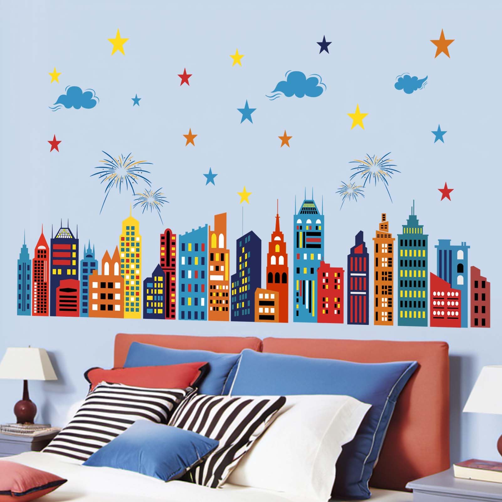 City Wall Stickers for Boys Room: Peel and Stick Colorful Hero Skyline Building Stars Cityscape Wall Decals - Image 2