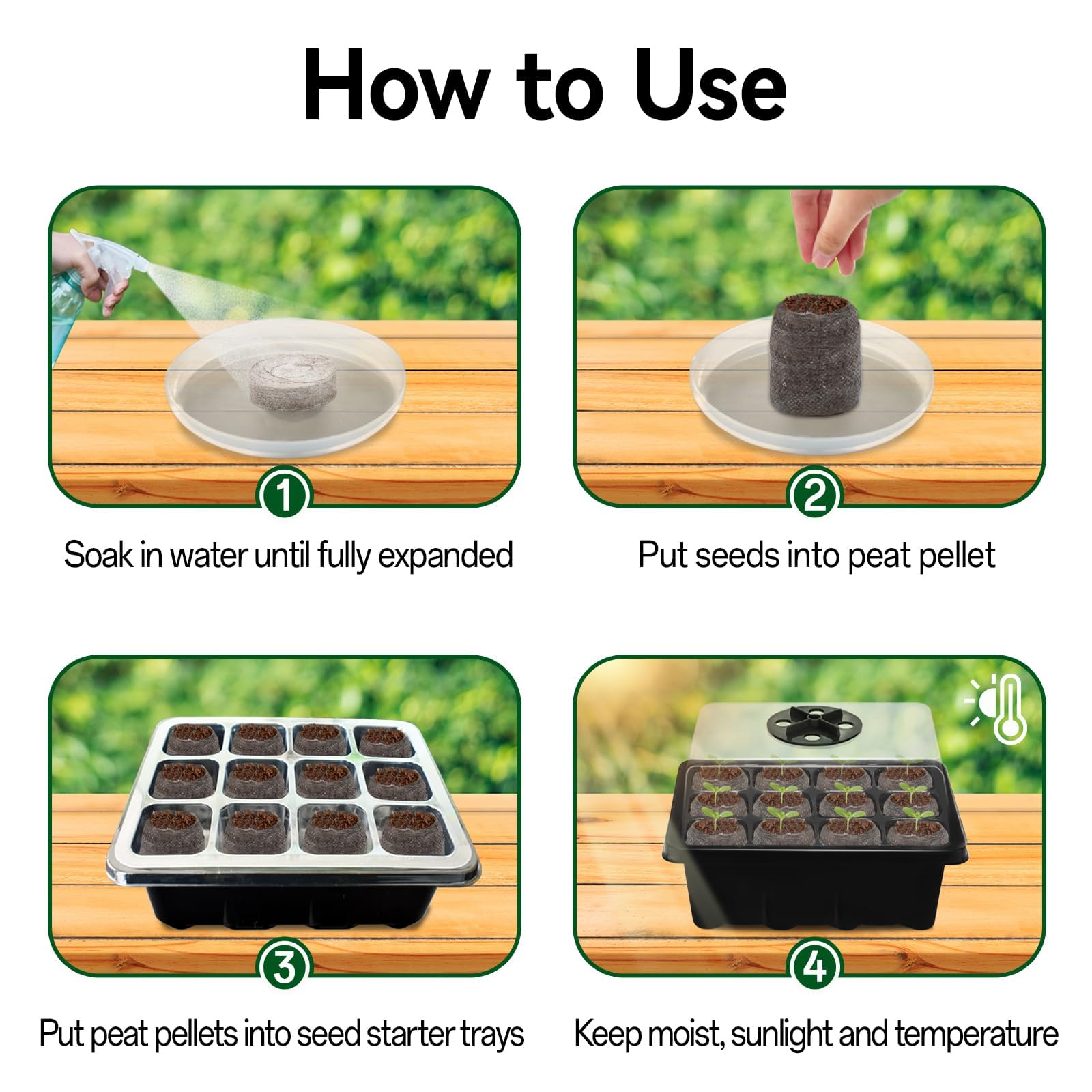 Juego de iniciación de semillas para plántulas, 50 pellets de turba y 48 celdas, mini bandejas de iniciación de plántulas de jardín con cúpula de humedad ventilada para plantas, flores y verduras