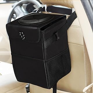 Auesny Upgraded Car Trash Can with Lid and 3 Storage Pockets, 100% Leak-Proof Car Organizer, Waterproof Car Garbage Can, Multipurpose Trash Bin for Car -Auto Car Trash Bag Black 2.4 Gallons