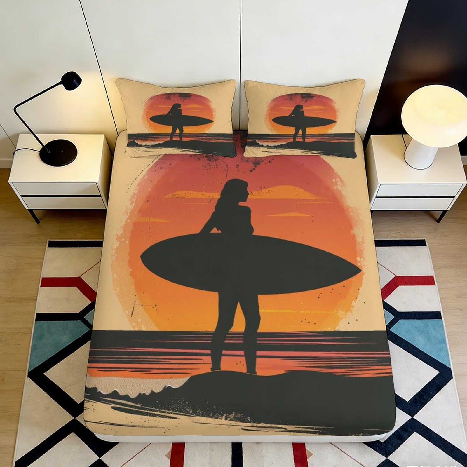 3D Printed Sunset Beach Fitted Sheet Microfiber Artistic Surfer Silhouette Bed Cover for Bedroom Dorm Decor Mattress Protection 90x200x25cm