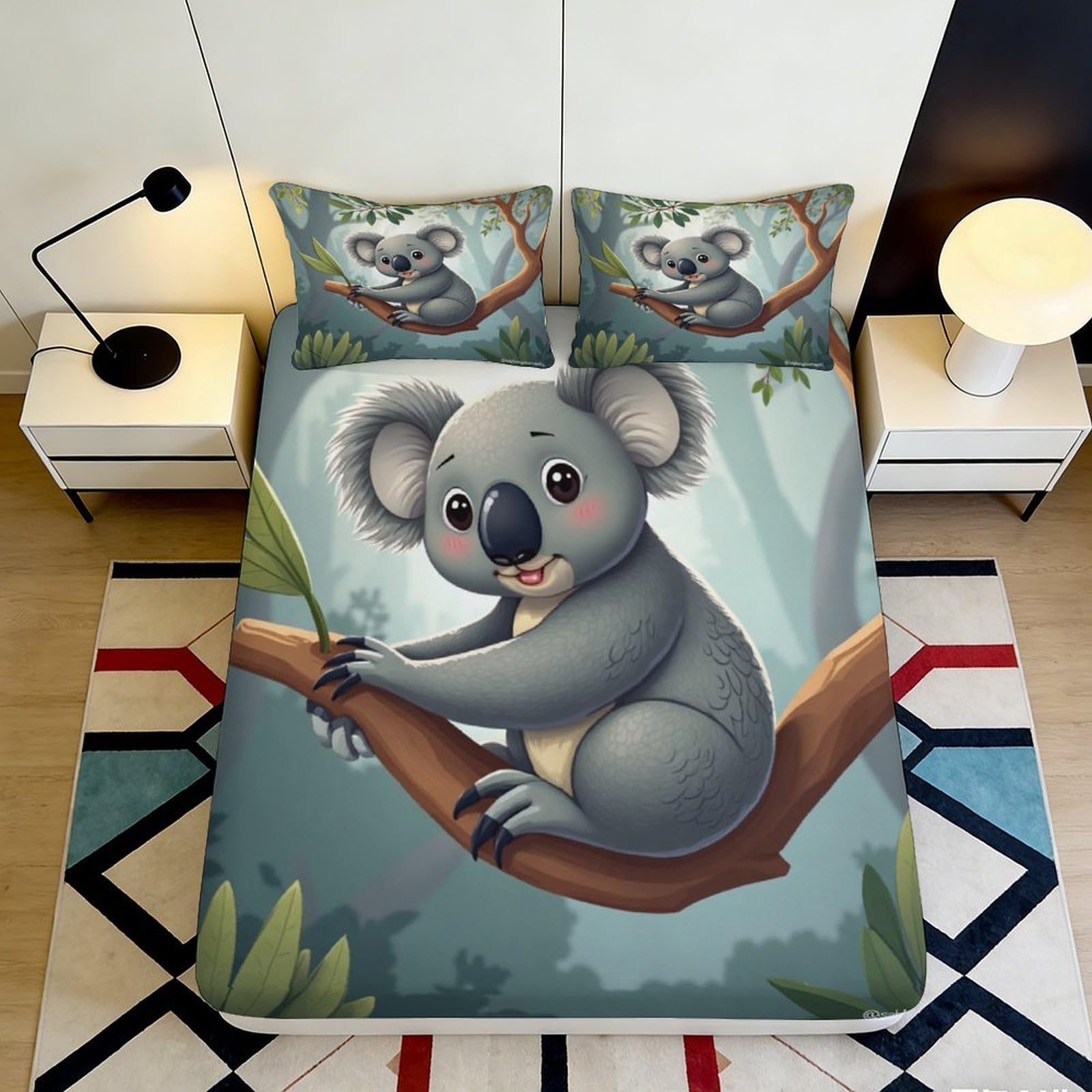 Pnayamiorkfel Style-1 3D Printed Cute Koala Fitted Sheet Microfiber Soft Anti-Slip Cartoon Animal Bed Cover For Bedroom Guest Room Decor 90X200x25cm