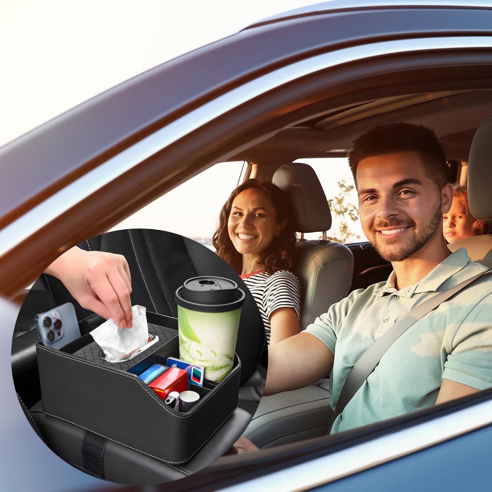 Generisch Auto Sitz Organizer mit Tablett, multifunktionale Mittelkonsole Aufbewahrungsbox für Front und Rücksitz, Leder, mit Taschentuchbox und Trennfächern, Schwarz, für Handy, Schlüssel und mehr