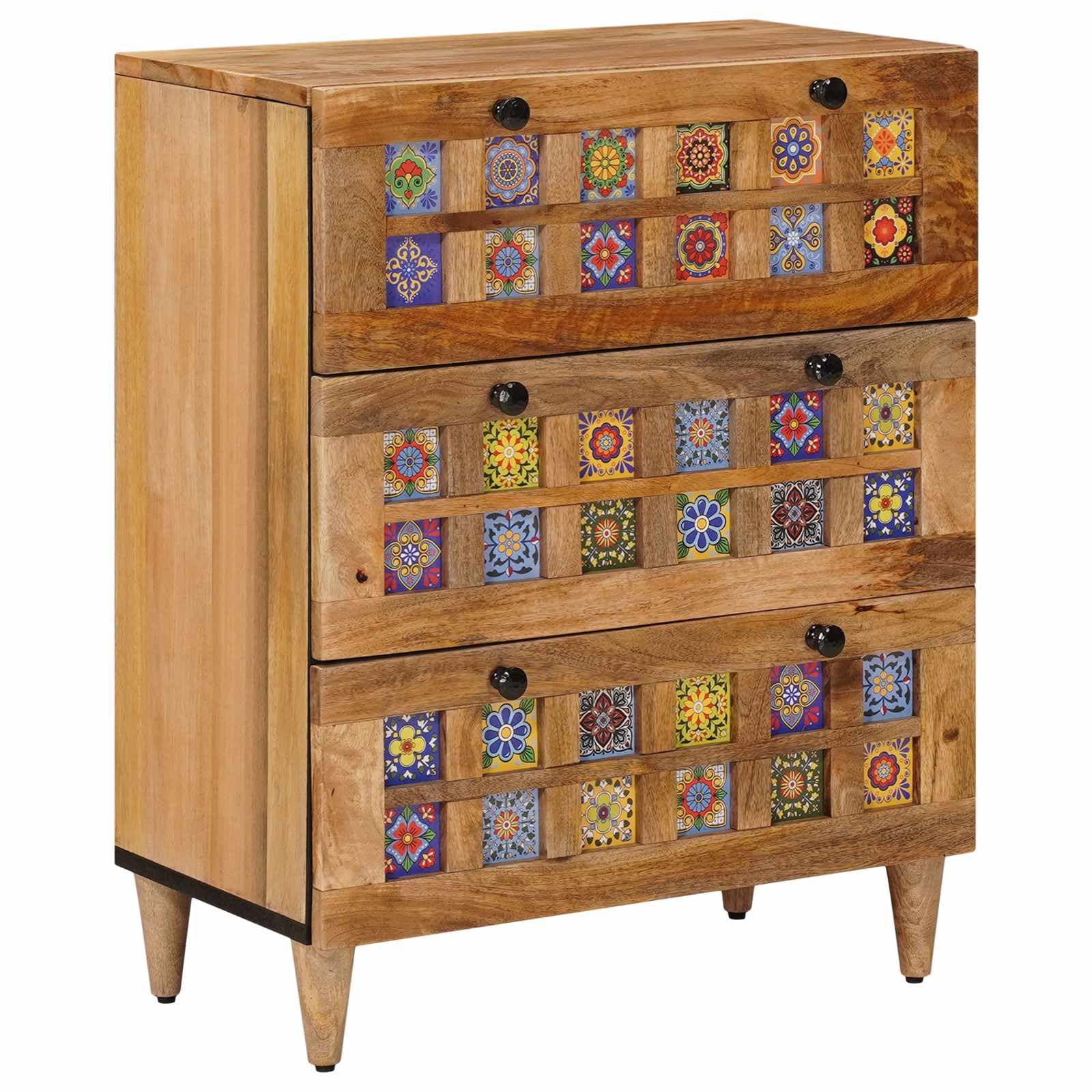 Générique Naturalny bufet 60 x 33 x 75 cm lite drewno mango do nowoczesnego salonu lub jadalni z szufladami i przegródkami