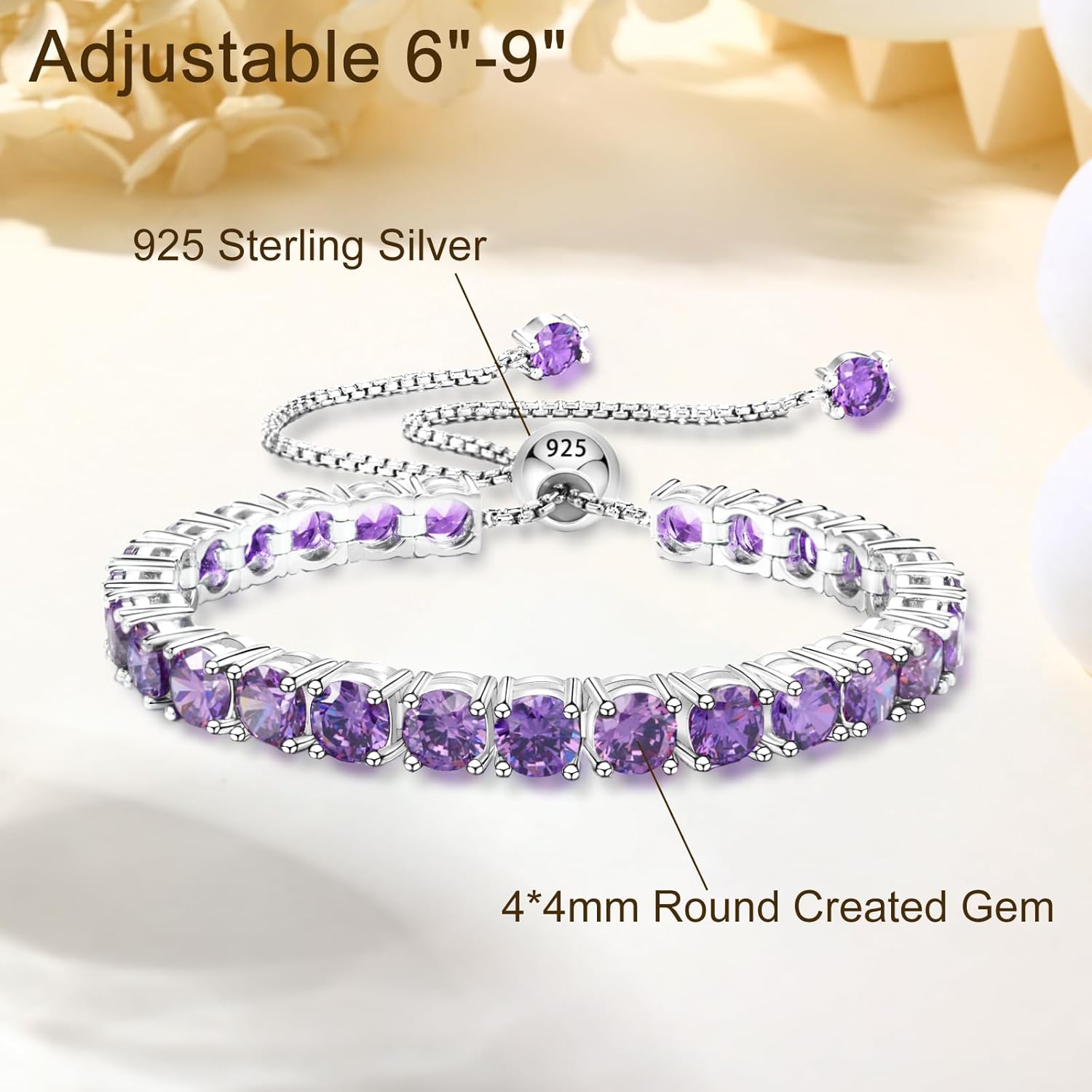 Adjustable Birthstone Gem (4mm Round) Tennis Bracelet for Women, 925 Sterling Silver Plated with White Gold Chain - Image 2
