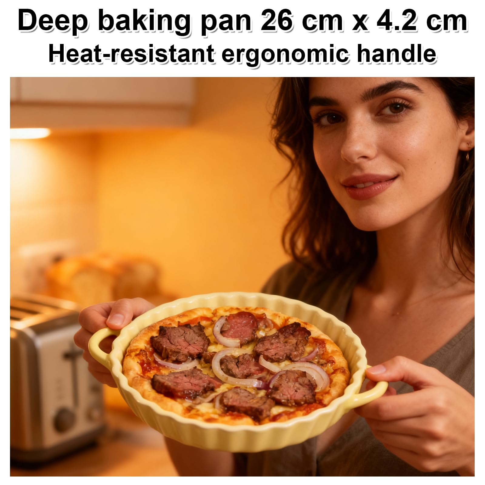 FARYODI Molde de cerámica profundo para tartas, 21 x 4,2 cm, redondo, con asas, para tartas de quiche, revestimiento antiadherente, apto para microondas, lavavajillas y horno (beige)