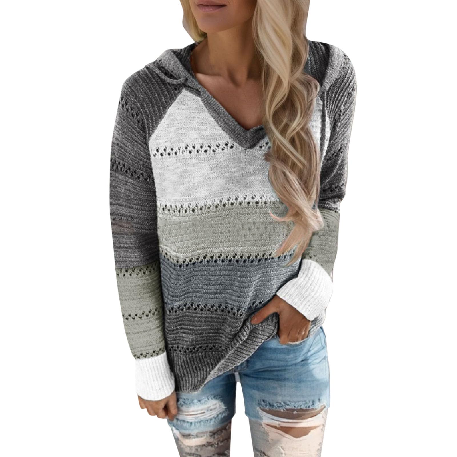 Womens 2025 Fall Striped Color Block Hoodies Fashion V Neck Crochet Knit Sweater Lightweight Trendy Casual Loose Pullovers