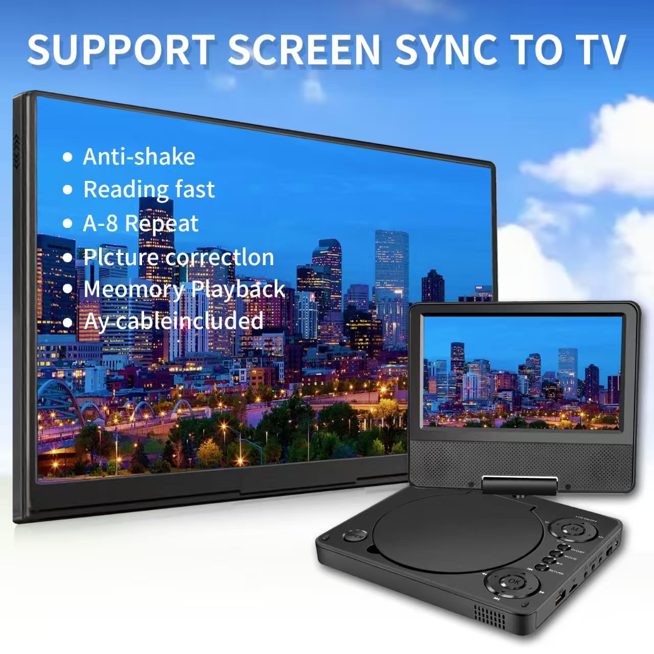 9,5" Bluetooth Tragbarer DVD Player YOOHOO mit 7,5" HD Bildschirm für Kinder,für unterwegs,Auto Fernseher für kopfstütze, alle Regionen kostenlos, Wiedergabe Aller Formate MKV/MP4/WAV/AVI/MP3/CD/1080P