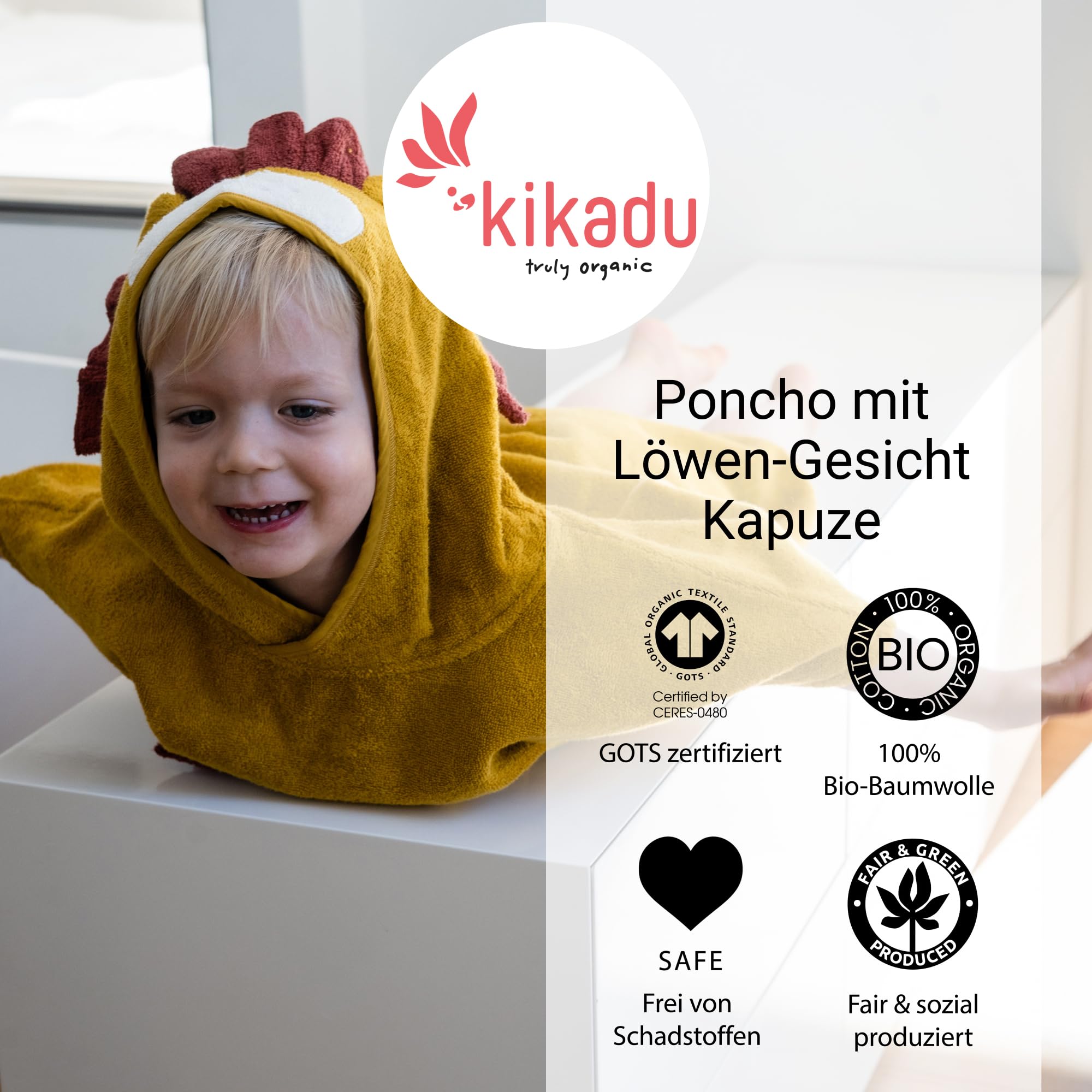 kikadu Poncho Löwe - Kinderhandtuch mit Tiergesicht aus 100% GOTS-zertifizierter Bio-Baumwolle