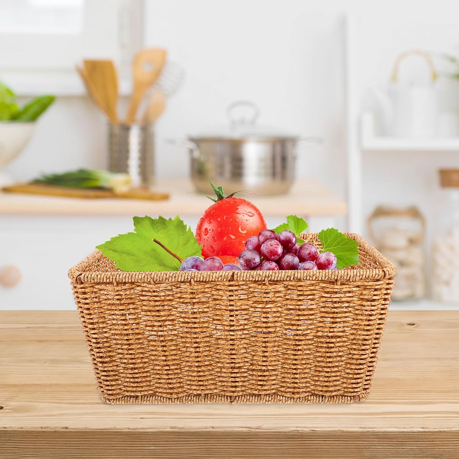 DECHOUS Woven Fruit Basket for Kitchen Counter 34.5x25.5x13cm Light Coffee Rattan-style Storage Basket for Snacks and Produce Display
