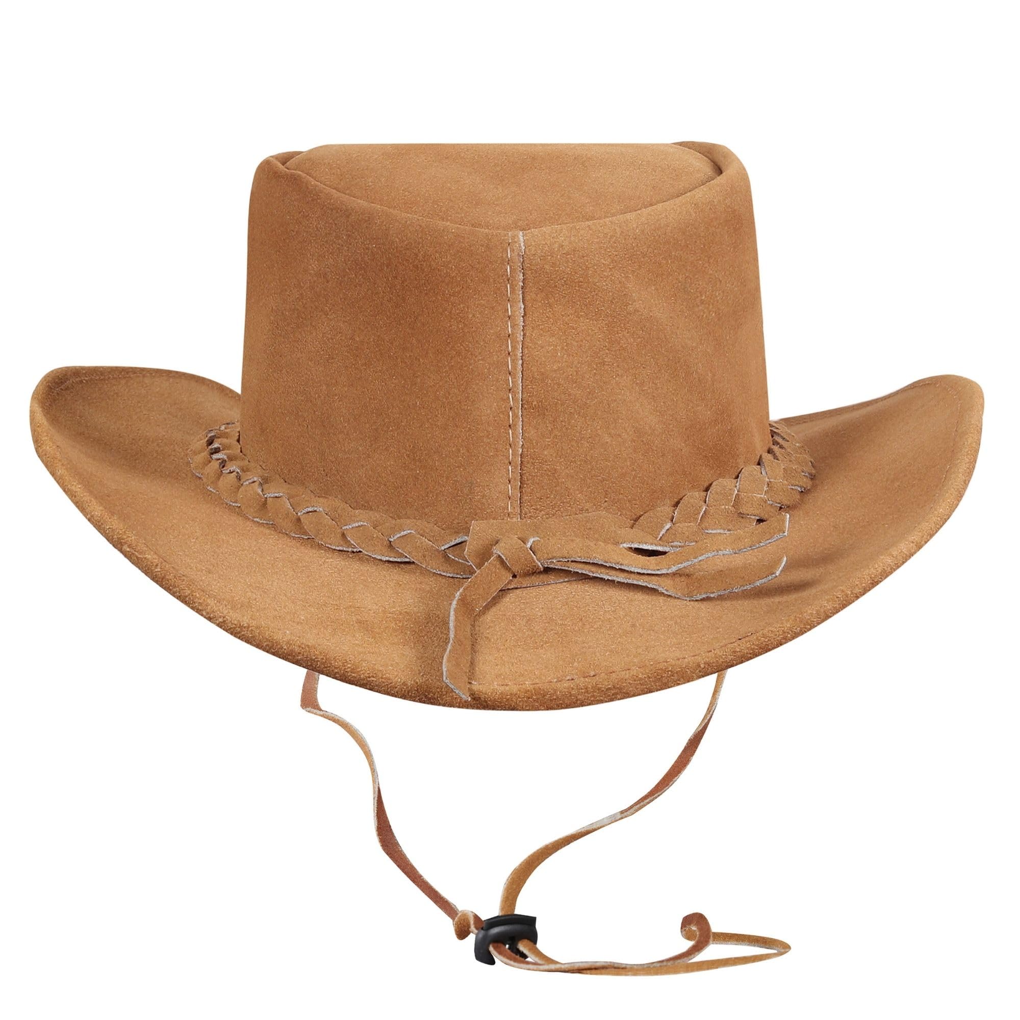 URBAN 5884 Sombrero Vaquero de Cuero de Ante Auténtico, Sombrero Cowboy para Hombre/Mujer, con ala Ancha y Barboquejo Ajustable