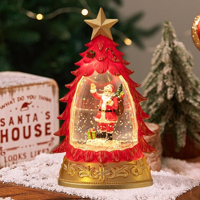 Schneekugel Weihnachten, Weihnachtslaterne mit Schneegestöber, weihnachtsschneekugel, LED Weihnachts Schneekugel, Glitzernde Verschneiter Globus Nachtlicht, Weihnachtsdeko Laterne für Tischdeko (Rot)