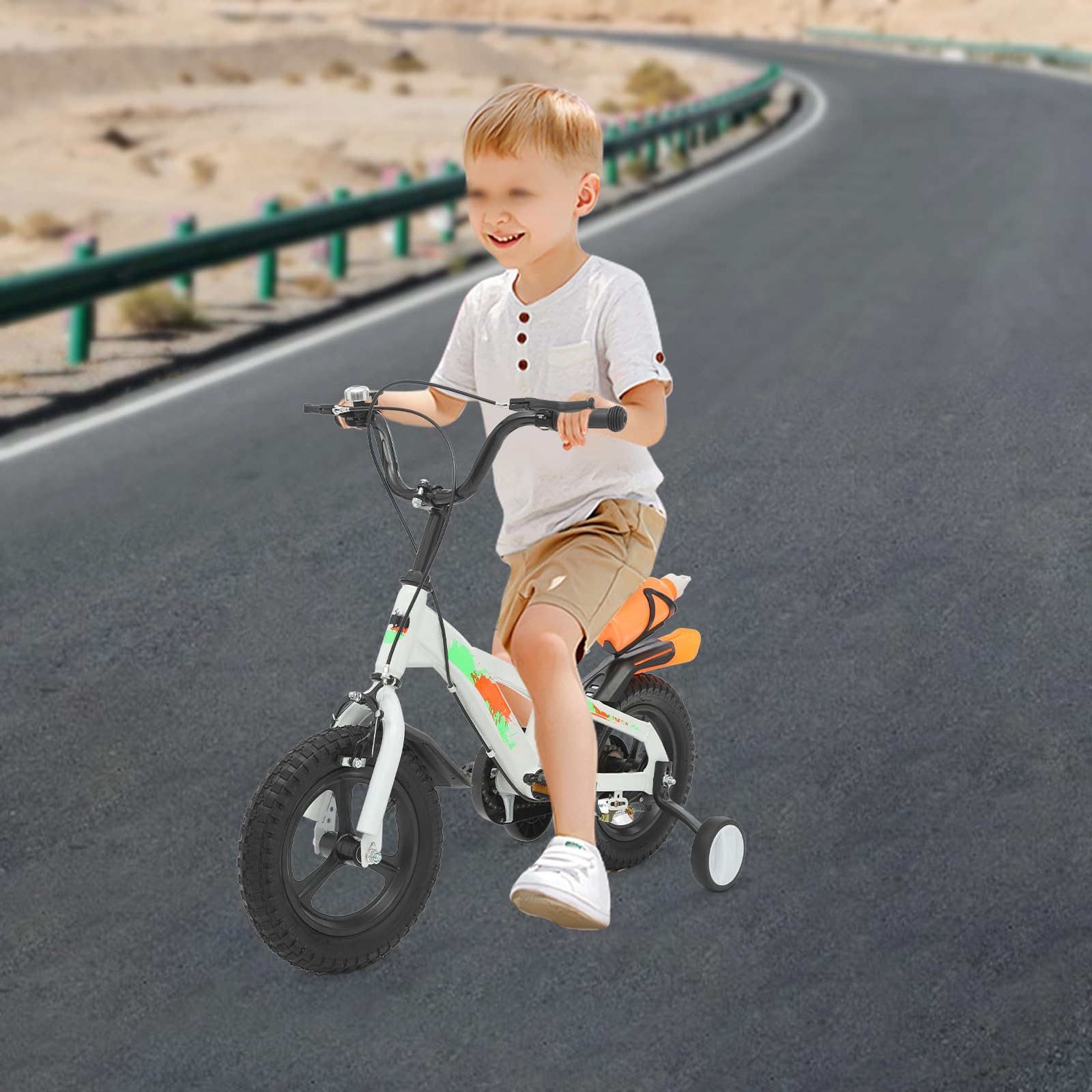 Bicicletta per bambini da 12 pollici, con ruote di supporto e bottiglia d'acqua, regolabile in altezza, bicicletta da allenamento con campanello, per bambini da 2 a 5 anni
