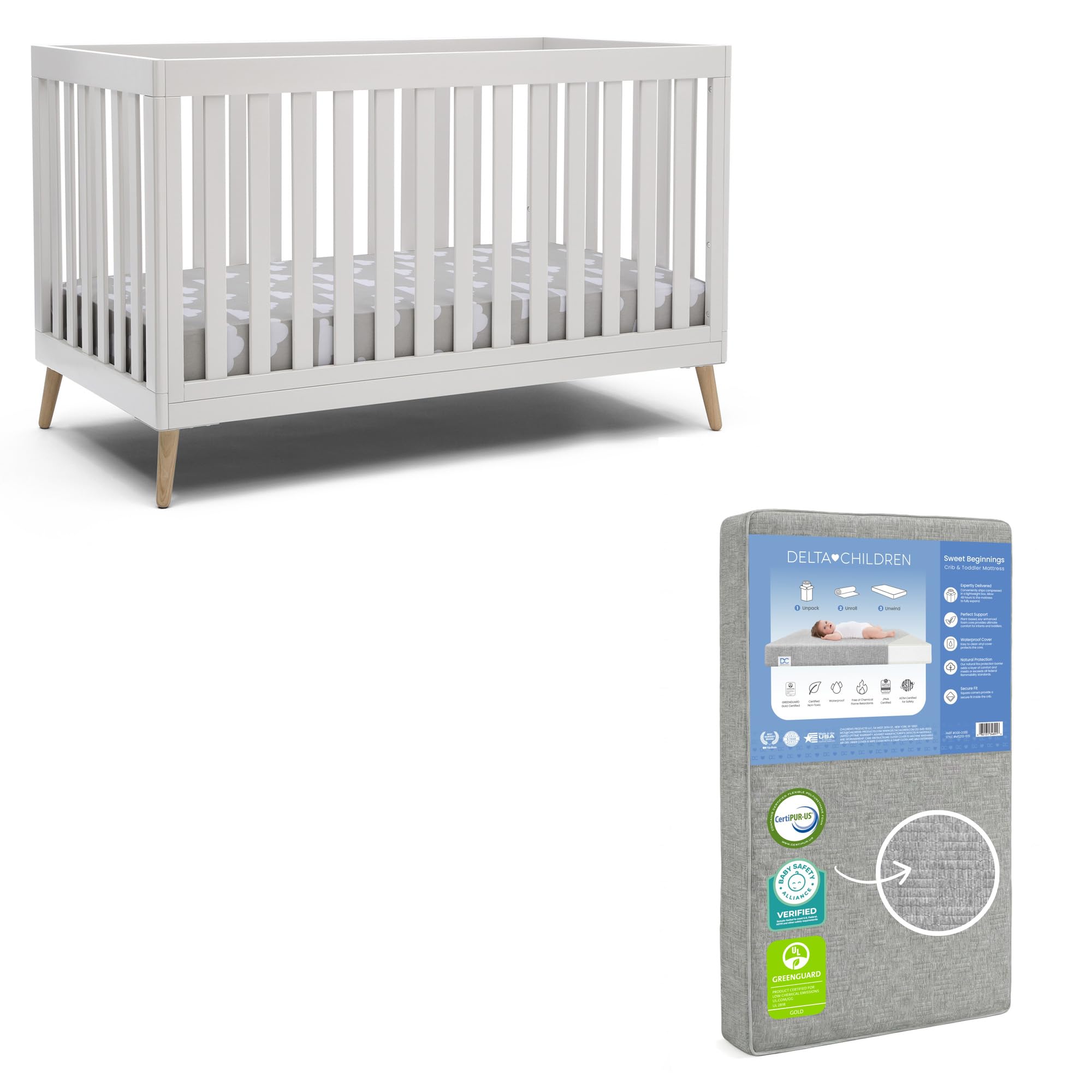 Delta Children Essex 4-in-1 Baby Crib &amp; Mattress, Bianca White/Natural