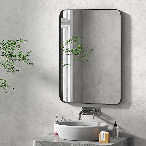 Tangkula Espejo de baño de 30 x 22 pulgadas para pared, espejo rectangular moderno con marco de acero sólido y esquinas redondeadas, espejo de