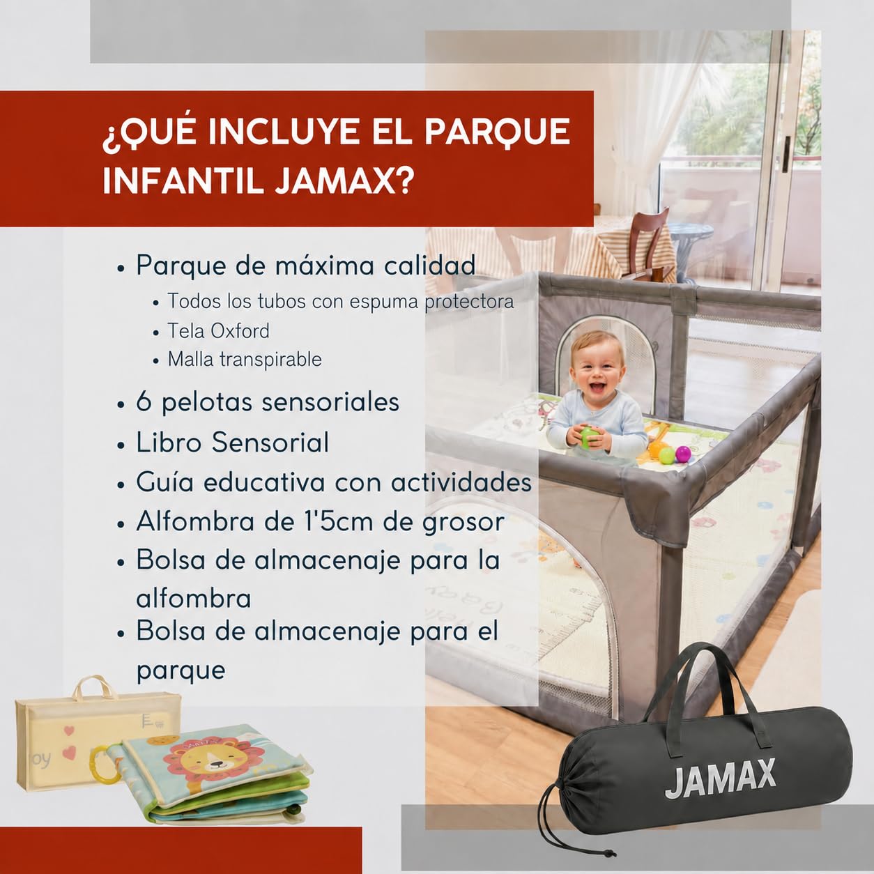 Parque Infantil Bebe JAMAX | Corralito bebe | Parque bebe Alfombra Acolchada Reversible 1,5 cm de Grosor + 6 Pelotas Sensoriales + Libro Sensorial + Bolsa transporte (150x180 Libro Sensorial)