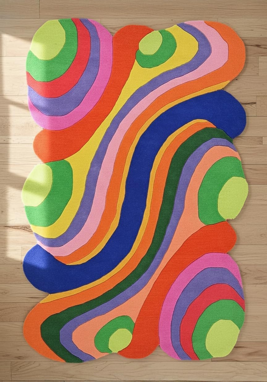Modern Handmade Colorful Wave Design Wool Area Rug - Artistic Rainbow Pattern | Thick and Plush Carpet for Contemporary Living Room, Bedroom, or Kids’ Playroom (Multi Color, 5' x 8')