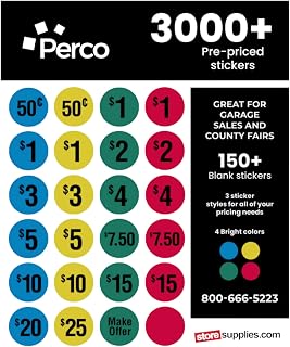 Perco Garage Sale Price Stickers - 3000+ Pre-priced & 150+ Blank Stickers - Easy-to-Read Price Tags for Effective and Attractive Pricing – Ideal for Yard Sales, Flea Markets, County Fairs & Retail Use