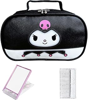 Kawaii Kuromi Bag, Kuromi Travel Makeup Bag with Kuromi Mirror Comb, Cute Cartoon Cosmetic Bag with Zipper, Mini Toiletry Bag, Waterproof Faux Leather Kuromi Accessories Organizer for Women Girls