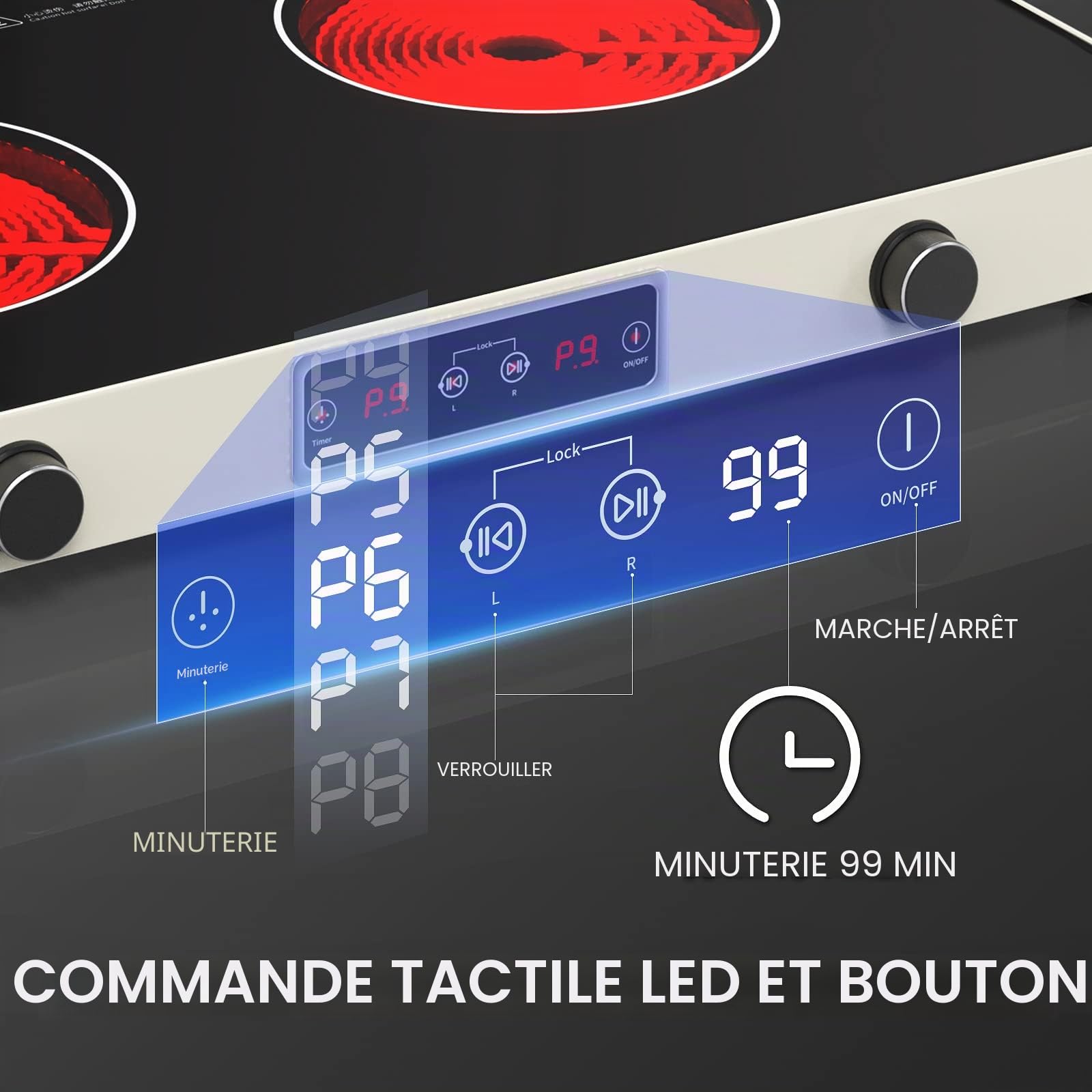 Plaque Vitrocéramique 2 Feux 2200W, Plaque de Cuisson Électrique 48 cm avec 9 Températures et Niveaux de Puissance & Minuterie - Réchaud Électrique Portable Pour Camping-car, Chambre, Randonnée