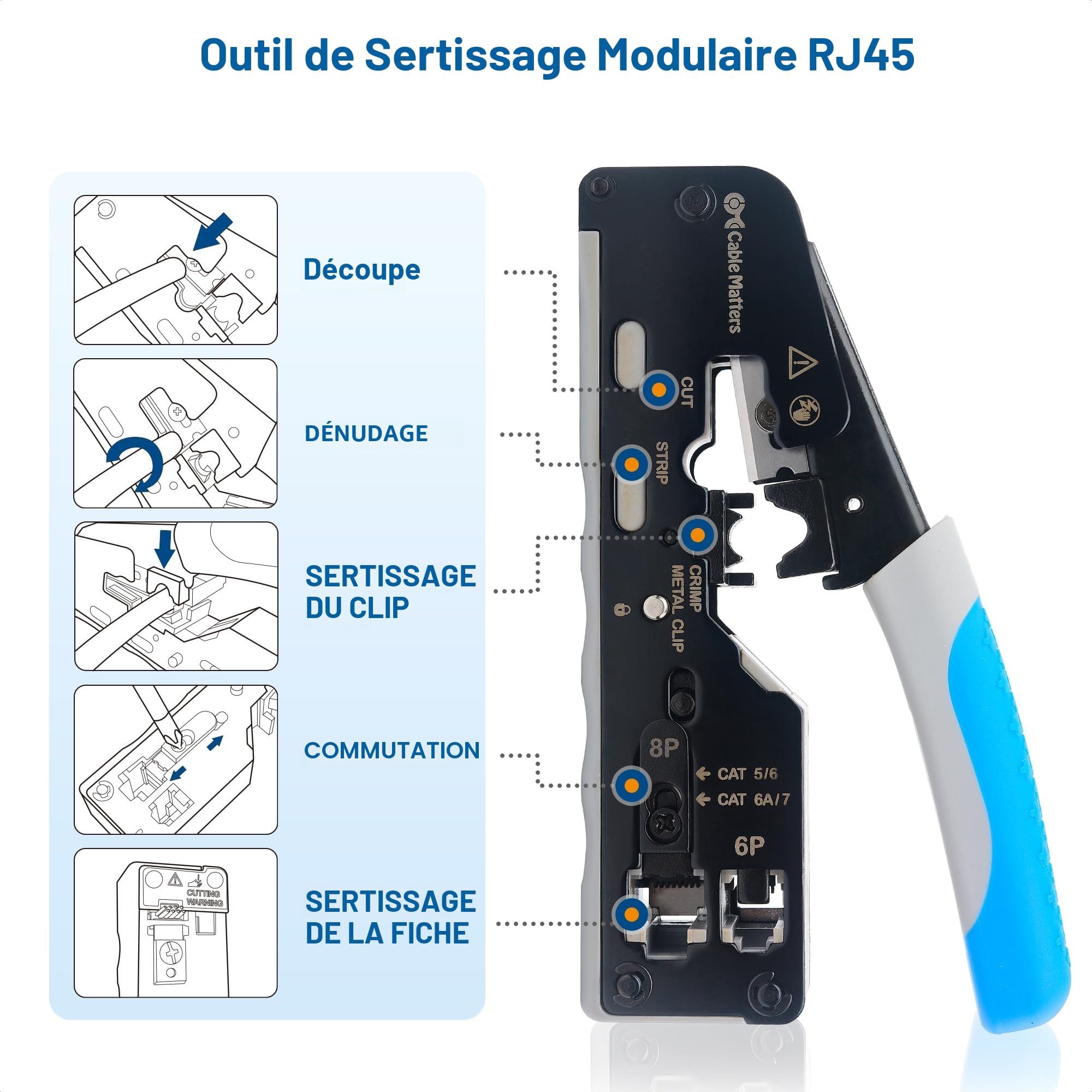 Cable Matters Pince à sertir RJ45 tout-en-un pour connecteurs blindés traversants (Pass-Through) – Outil Cat8 Cat5/Cat6/Cat6A/Cat7, couper/dénuder/sertir, RJ11/RJ12/RJ45