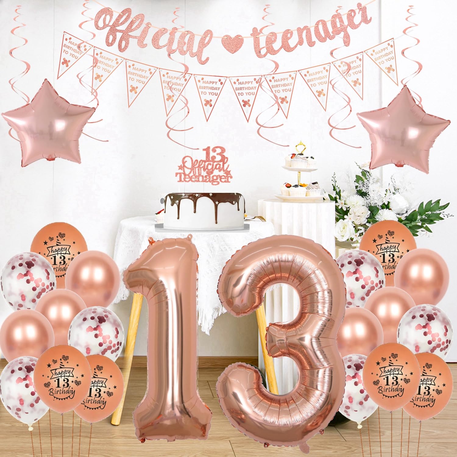 Set Decorazioni Per 13° Compleanno - 48 Pezzi Oro Rosa: Striscioni, Palloncini, Sfondo E Topper - 2
