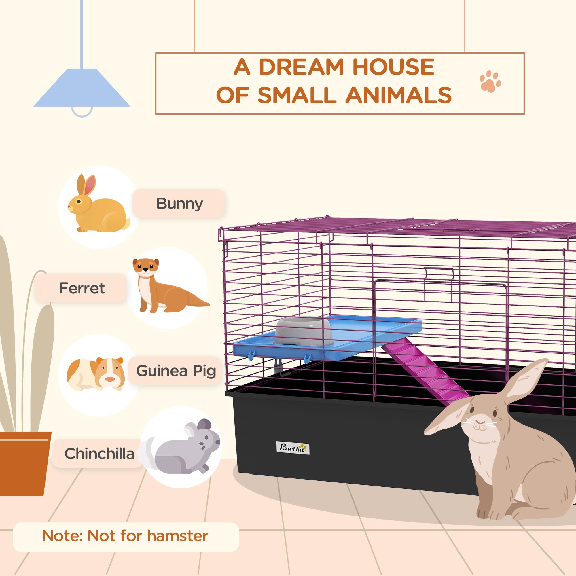 PawHut Meerschweinchenkäfig Chinchillas Kaninchen Kleintierkäfig mit Rampe, Schale, Wasserflasche, 99 x 52 x 53 cm, Schwarz