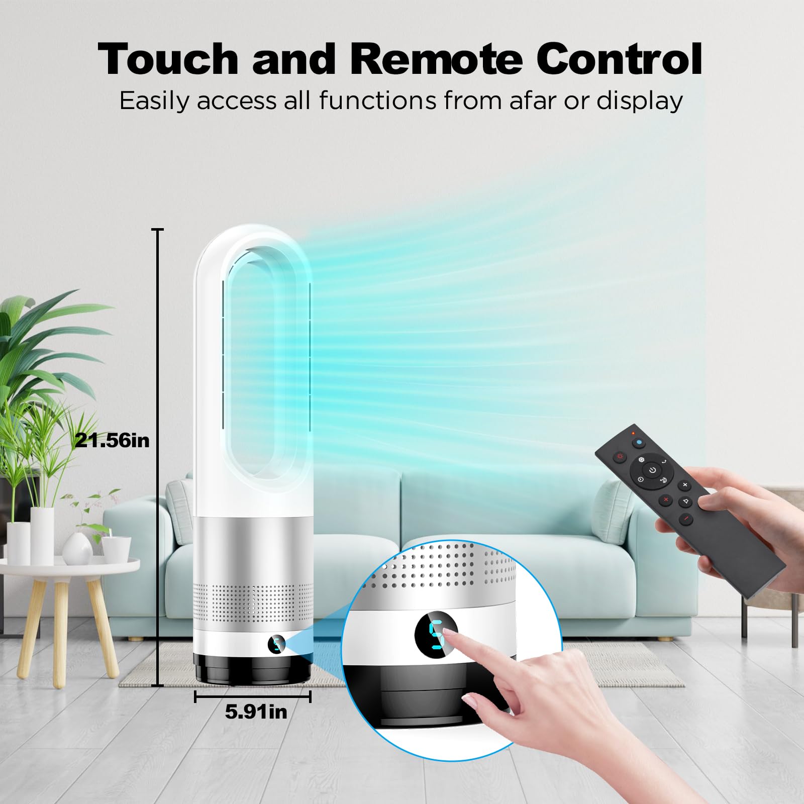 Ventilador de torre sin aspas, calentador de espacio de 1400 W y ventilador de enfriador de 40 W con control remoto, oscilación de 80°, 8 velocidades y 3 modos de calefacción, temporizador de 9 horas, 6