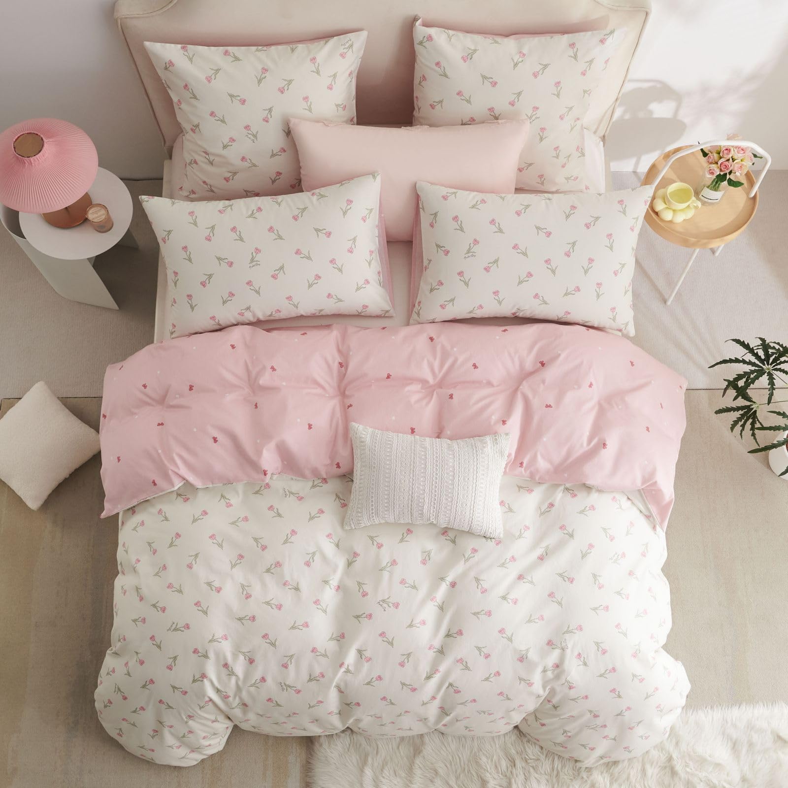 Freyamy Blumen Bettwäsche 135x200cm 2teilig Baumwolle Weiß Rosa Grün Floral Blätter Pflanzen Bettwäsche Blumenmuster Mädchen Bettbezug mit Reißverschluss und Kissenbezug 80x80cm