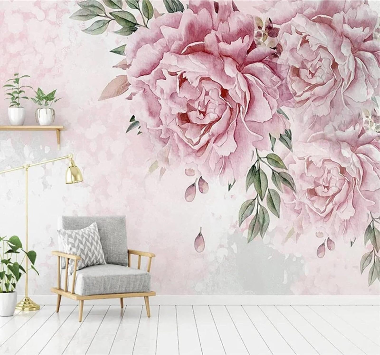 XLMING Hand Painted Watercolour Romantic Pink Peony 3D Wallpaper Luxury Silk Study Dining Feature Sofa Grey Bedroom Living Room Tv Decorative Wall-400cm×280cm