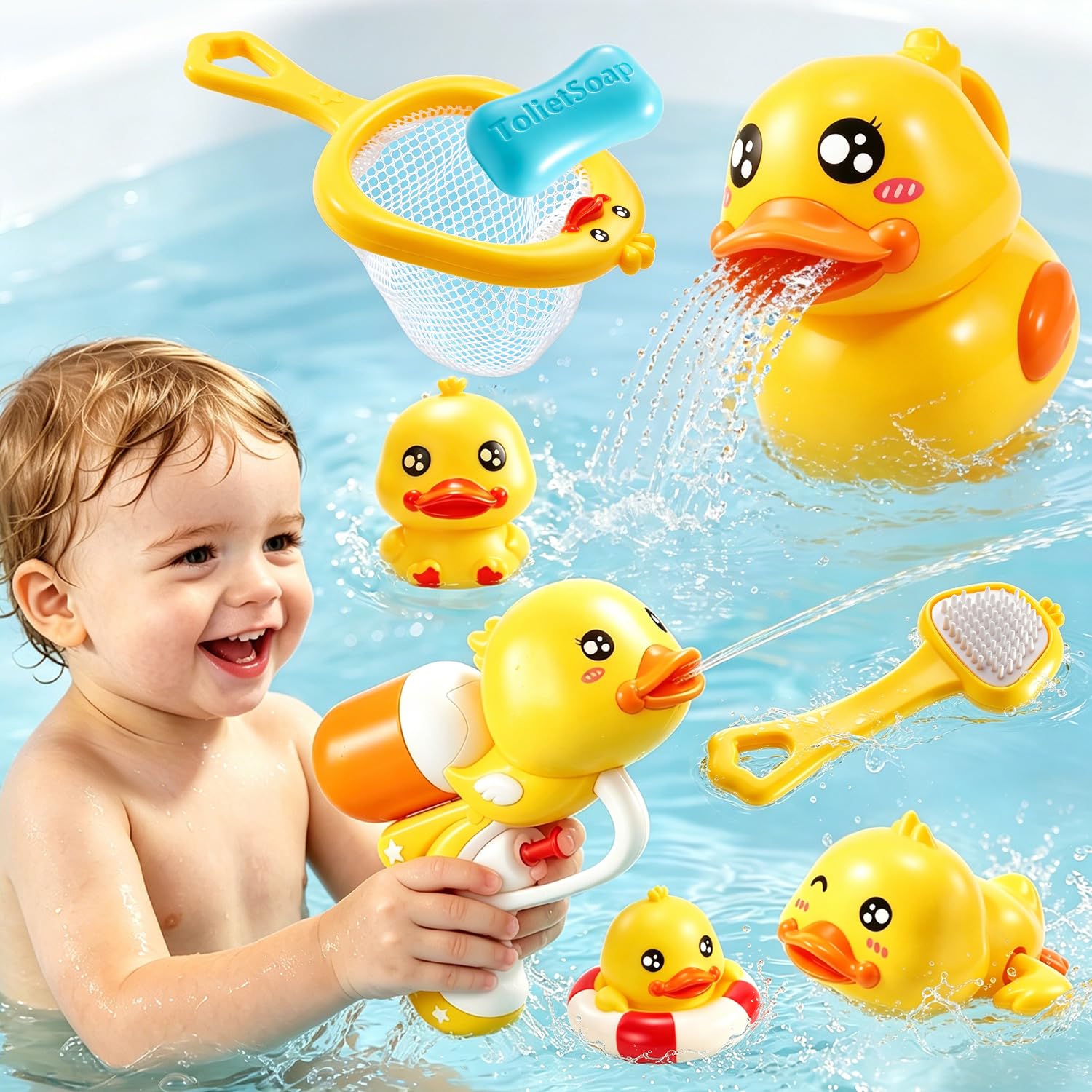 8 PCS Baby Bath Duck Toys for Toddlers Age 1-3, Kids Bathtub Toys Set with Squirt Gun, Watering Can, Floating Rubber Ducks and Fishing Net, Baby Shower Water Table Play Gifts for 1+ Year Old Boy Girl