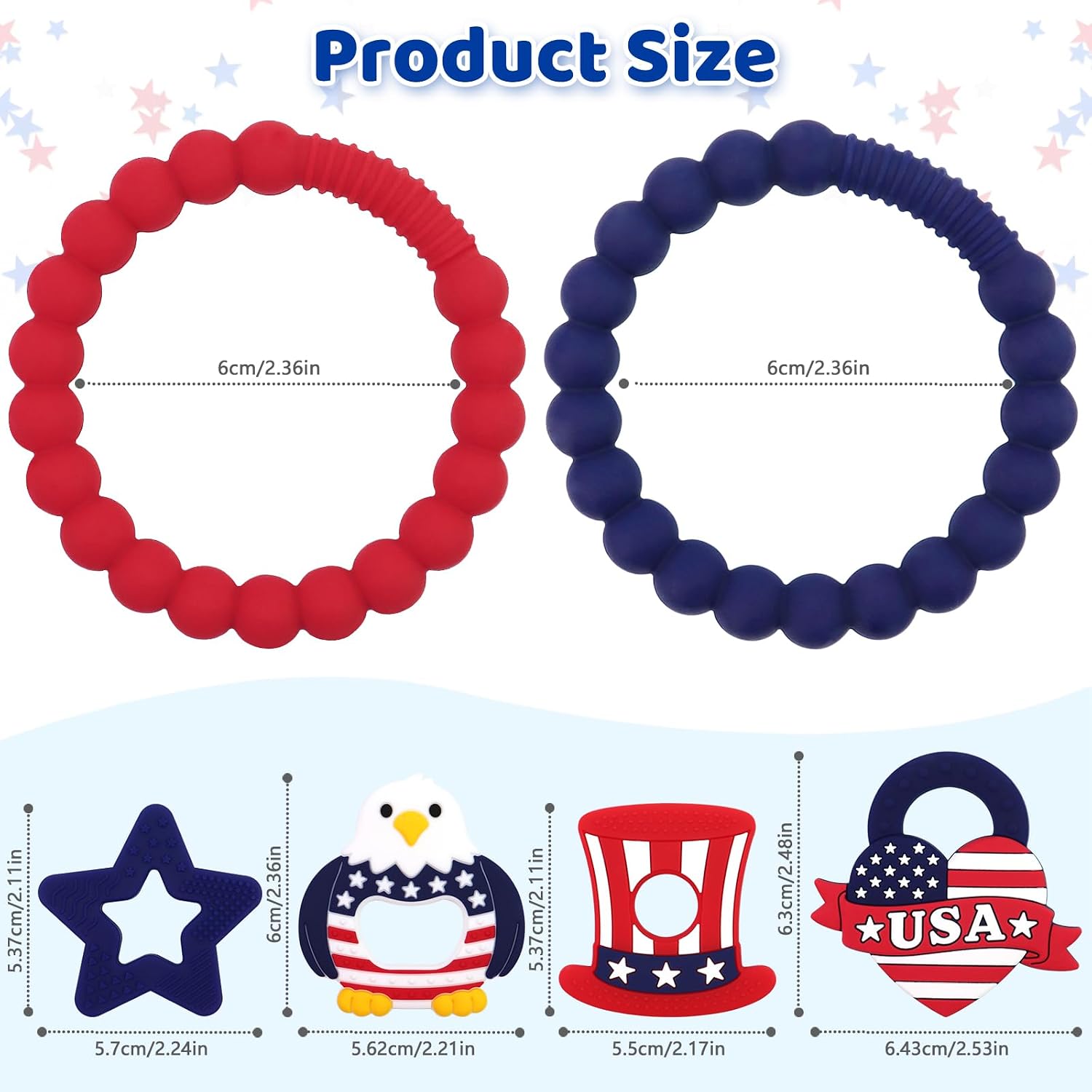 2 Pcs 4th of July Baby Teething Ring Toys, Silicone Patriotic Teether for Newborns Infants Toddlers, Red White and Blue Party Favors Baby's First Fourth of July Gifts Girl Boy Sensory Chew Bracelet