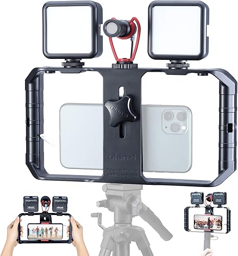 Aparejo de video para teléfono inteligente con micrófono de pistola corta 2 luces de video LED funda estabilizadora de mano con 3 zapatos fríos