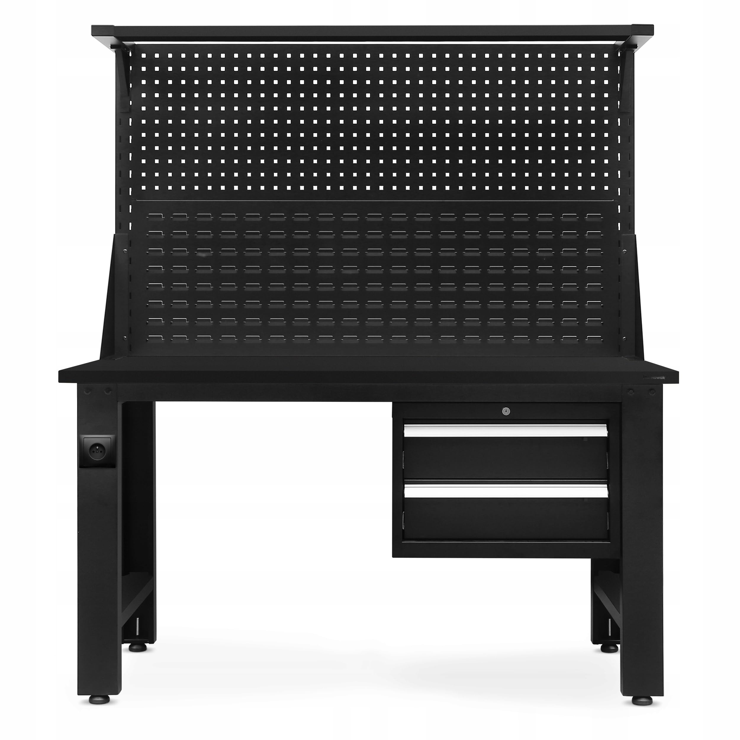Jan Nowak Werkbank mit Werkzeuglochwand Werktisch mit 2 Schubladen Steckdose Metall MDF Tischplatte Belastbar bis 600 kg Pulverbeschichtung 170 cm x 150 cm x 75 cm (Schwarz-Schwarz)