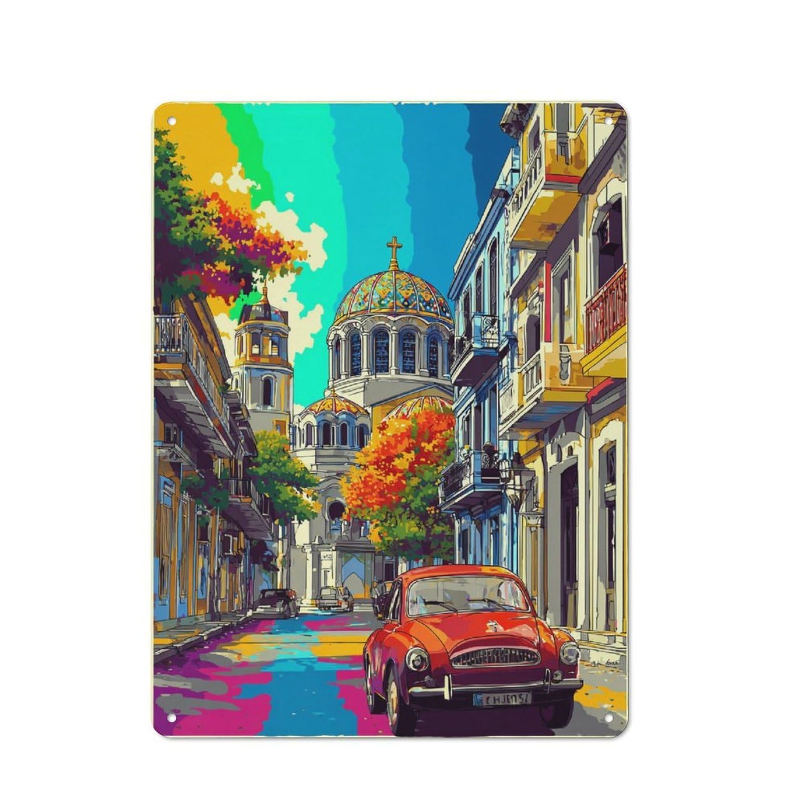 Junmoney Colorful Cityscape With Vintage Car -1 Tin Wall Plaque 40X30cm With For Hallway Wall, With Clear Retro Wall Decor Character