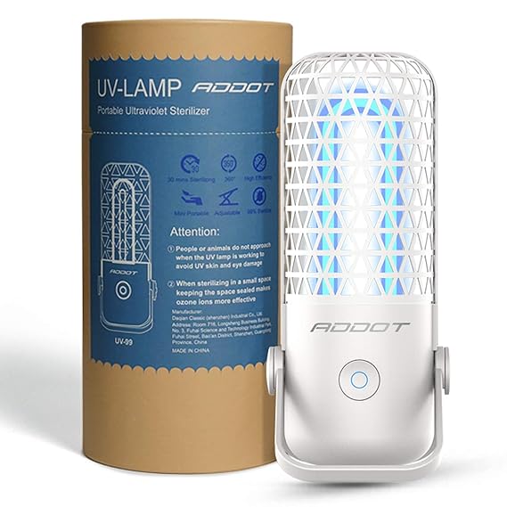 ADDOT Mini Portable UVC, UV Light Sanitizer lamp, Ultraviolet Ozone Double Germicidal Lamp - Sanitize for Small Spaces, Hotels, Kitchen, Car, EPA Registered (white2)