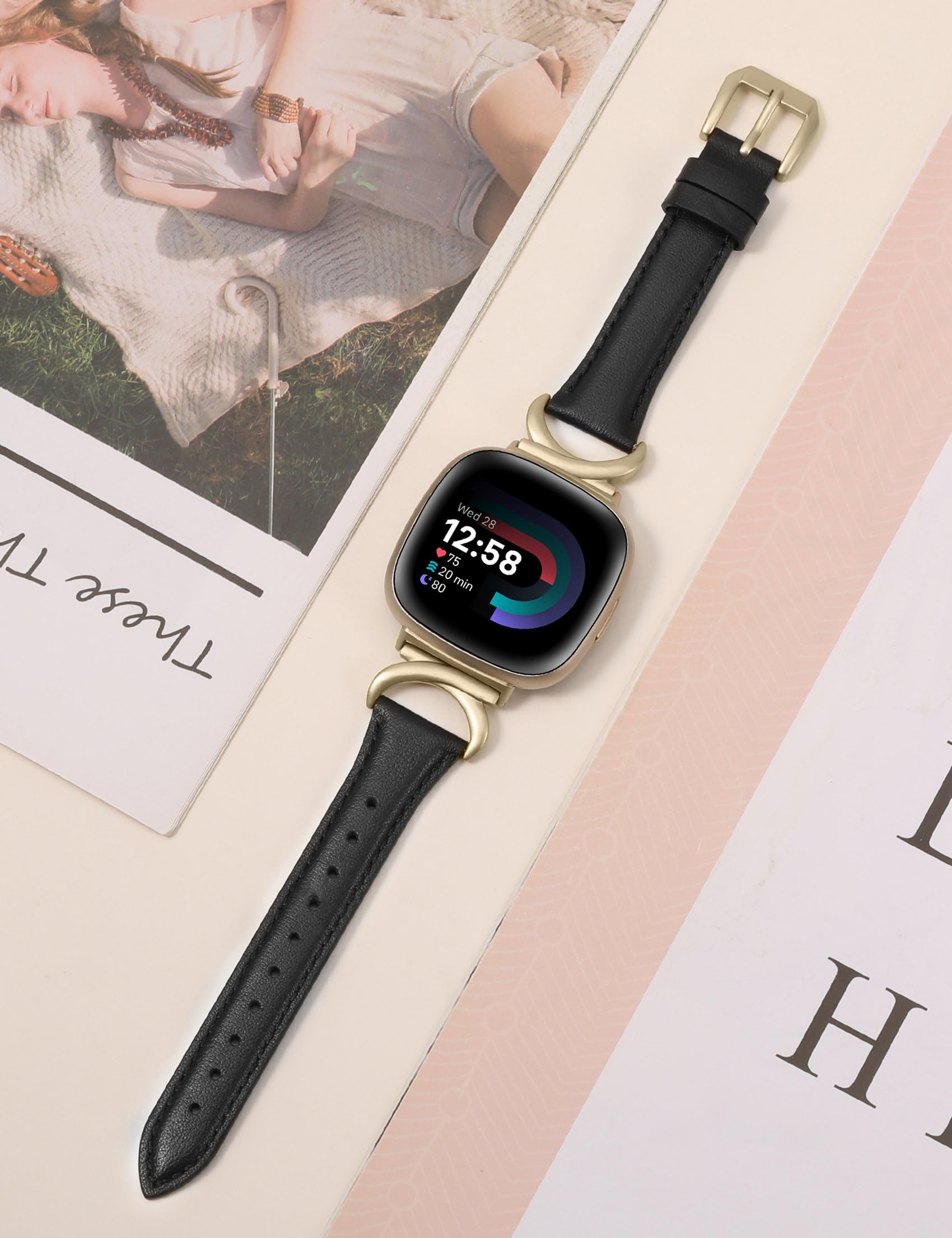 TOYOUTHS Leather Strap Compatible with Fitbit Versa 4/Versa 3/Sense 2 Women Slim Thin Dressy Premium Leather Strap with C-Shaped Metal Buckle for Versa 4 - Image 4