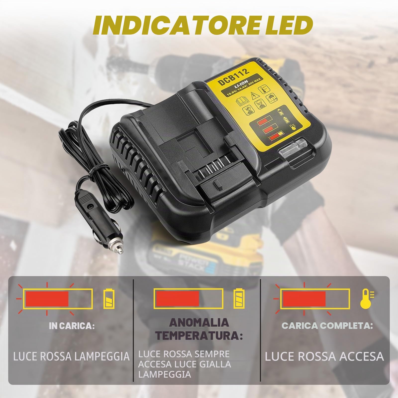 DCB112 - Caricabatteria da auto per batteria Dewalt, sostituisce per batteria agli ioni di litio da 12 V, 20 V e 60 V max per auto, ingresso di ricarica 12 V/24 V, presa accendisigari