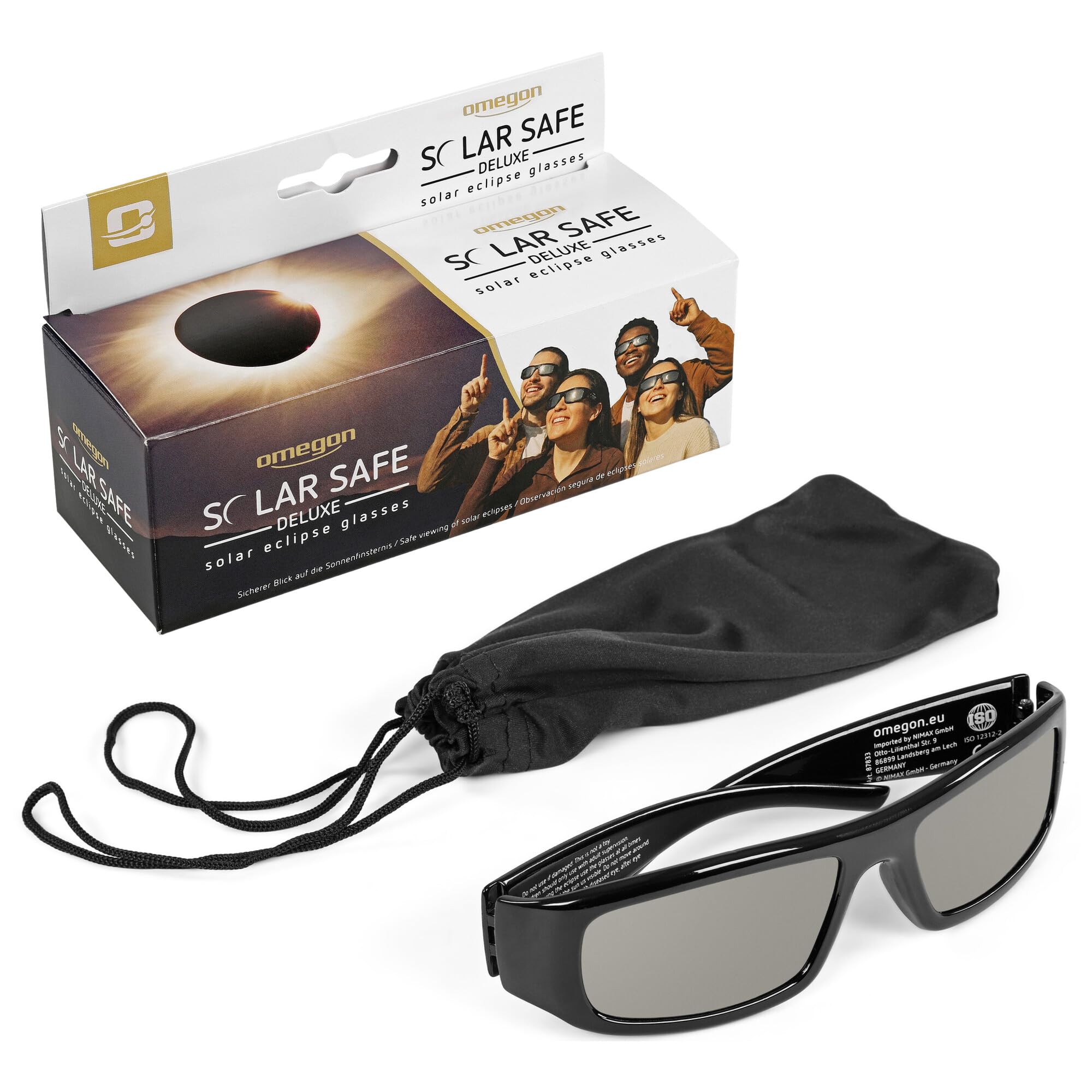 Omegon Lunettes à éclipse Solar Safe Deluxe | Observation Premium | Conforme ISO 12312-2 | Réutilisables | Design élégant | pour l'éclipse Solaire 2026