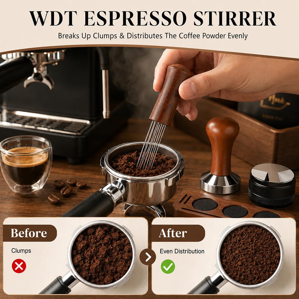 Kit Barista 51mm, HOVCEH Kit Cafe, Kit Barista Café 7 Piezas Incluye Prensador, Herramienta WDT, Distribuidor, Embudo de Dosificación, Rejilla para Discos, Estación de Prensado y Cepillo de Limpieza
