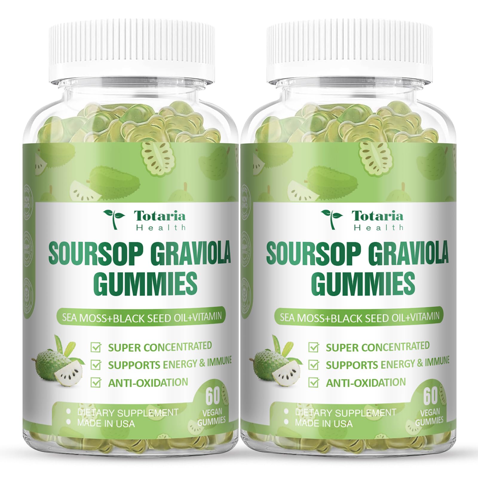 Totaria (2 Packs) Sugar Free Soursop Oil Graviola Sea Moss Gummies - Support Digestive Sleep Skin Health, Immunity & Antioxidant - Guanabana Fruit with Sea Moss, 150mg Black Seed Oil Non-GMO Vegan 60 Count (Pack of 2)