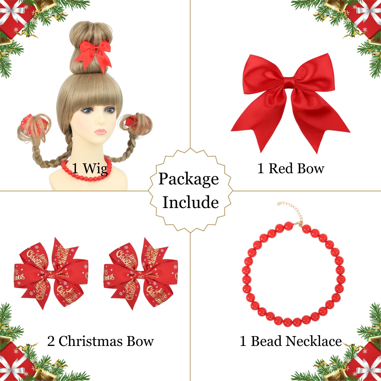 Christmas Costume Wig for Adult Women Blonde Braided Synthetic Wig with Red Bow Hair Clip and Necklace for Halloween Christmas Celebration Party