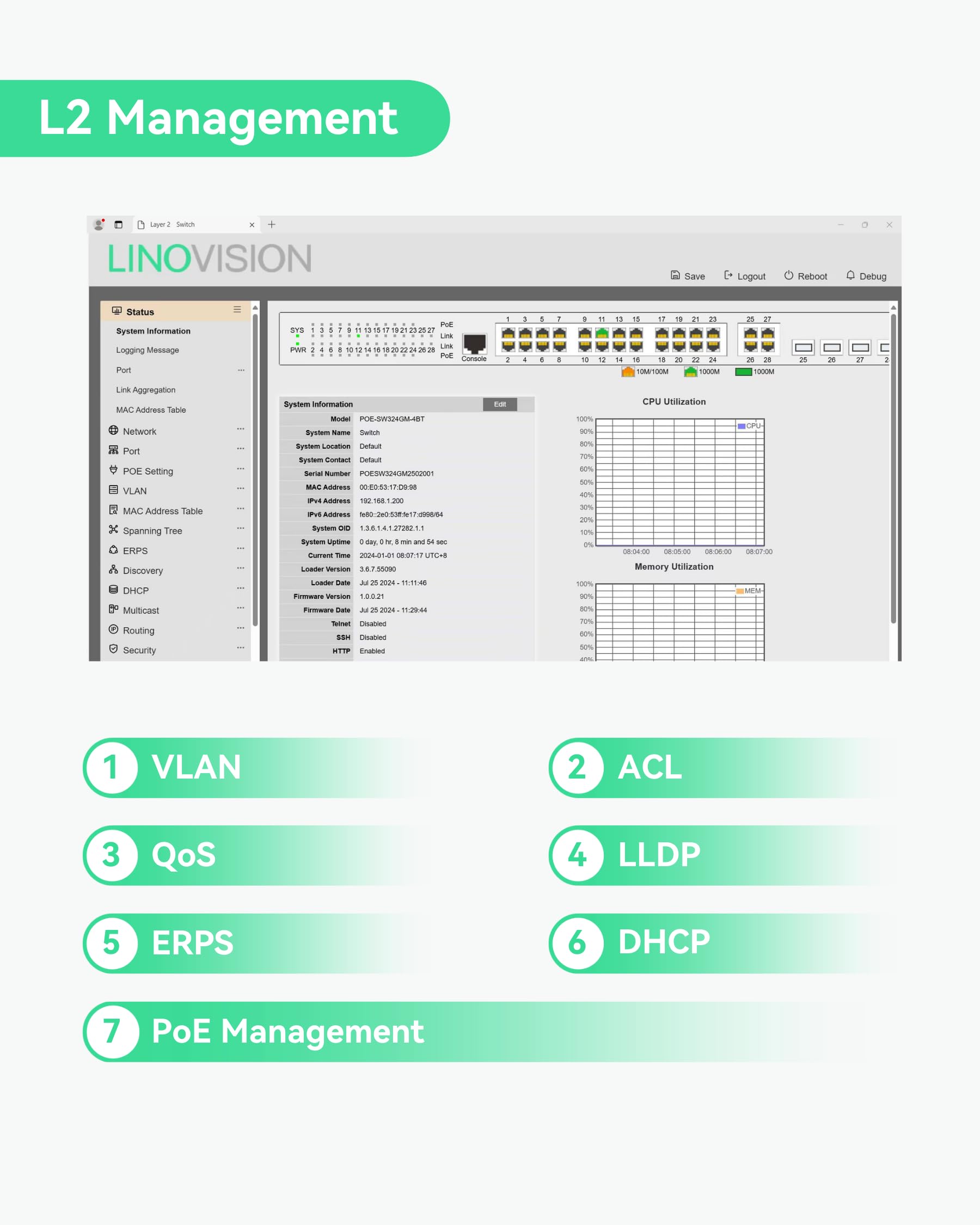 LINOVISION 24 Ports L2 Managed PoE++ Switch, Full Gigabit, integrierte 370W Stromversorgung mit 4*BT 90W und 20*AT 30W Ports, ausreichend für alle IEEE802.3af/at/bt Geräte, unterstützt QoS, VLAN, IGMP