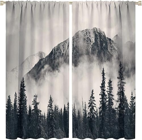Cortinas opacas de montañas con bosque gris brumoso, cortina para ventana de dormitorio, árbol negro natural, bosque, decoración escénica de madera