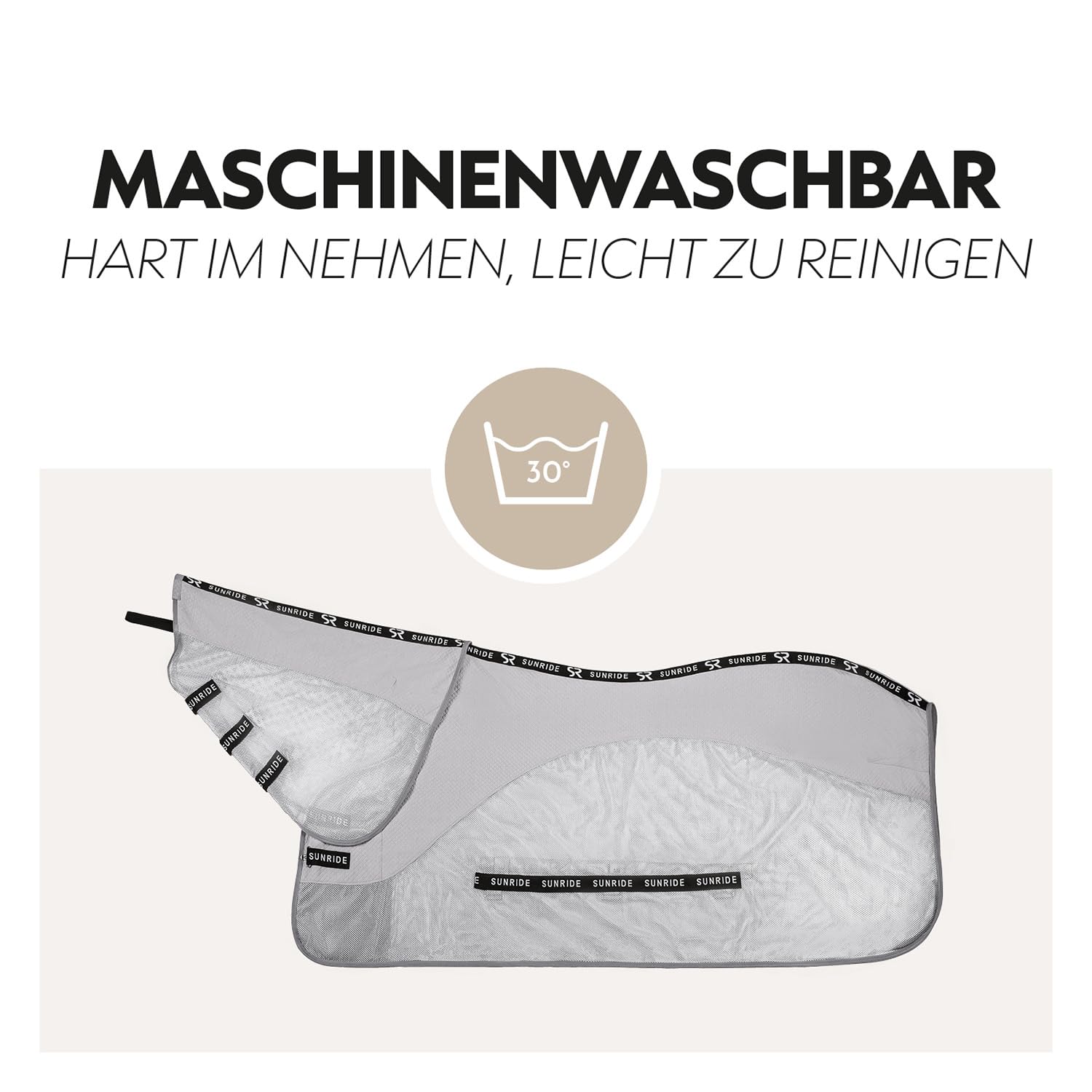 SUNRIDE Transportdecke/Fliegendecke für Pferde (Dubai) - mit UV-Schutz - atmungsaktiv - Abnehmbarer Bauchlatz - maschinenwaschbar - mit abnehmbarem Halsteil - grau (145 cm)