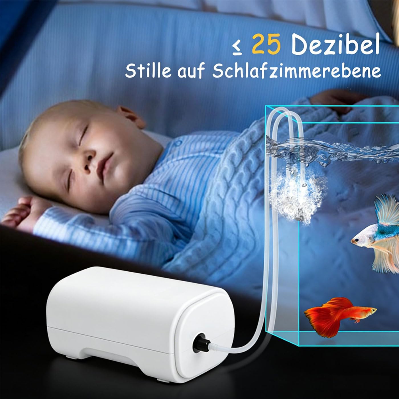 Pompe à air d'aquarium 25 décibels - 200 l/h - Aérateur puissant pour aquariums jusqu'à 100 l - Avec accessoires